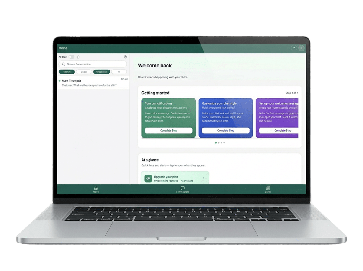 Recartify on a laptop: dashboard with conversations sidebar, welcome, and getting started cards