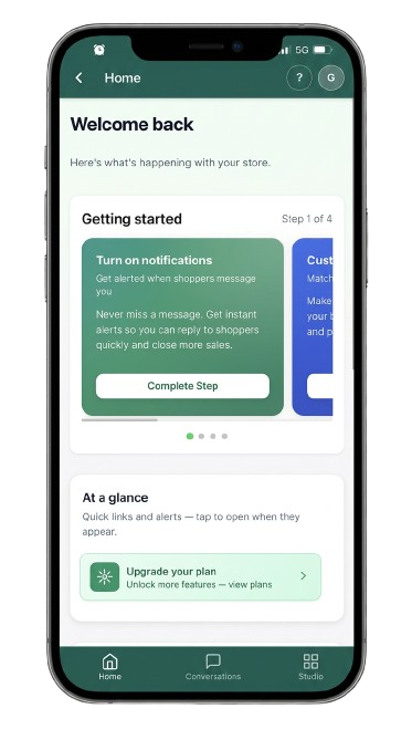Recartify mobile app Home screen with getting started, at a glance, and bottom navigation