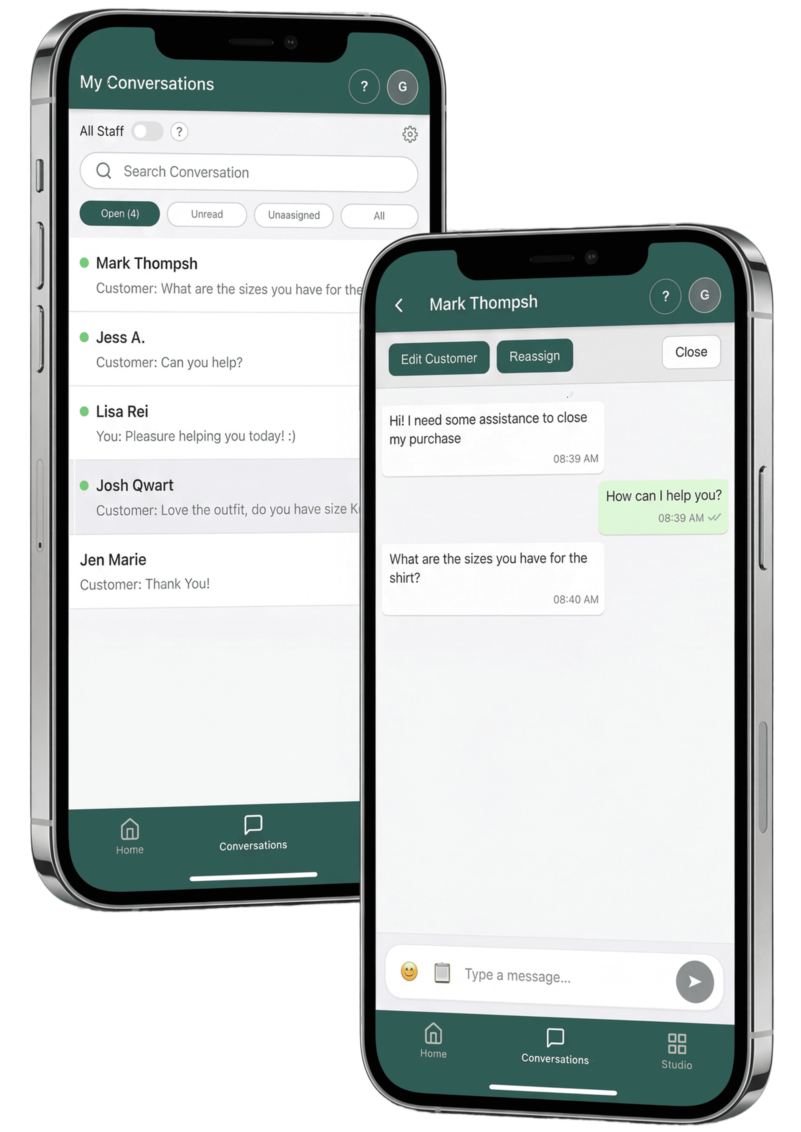 Recartify on two iPhones: conversation list and an active customer chat